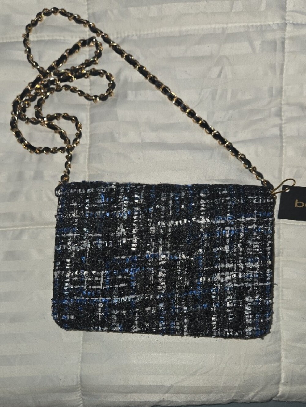 Classic Tweed Crossbody Bag in Black & Blue with Gold Chain - Picture 5 of 5